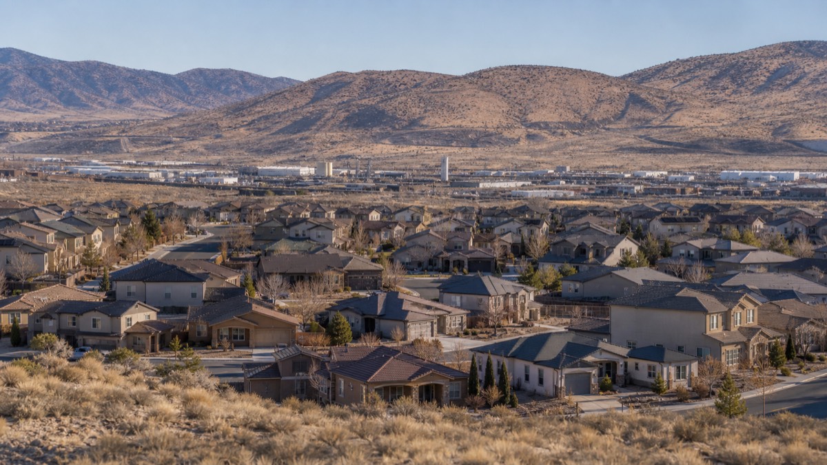 Northern Nevada high-desert suburban neighborhood with distant industrial corridor and mountains